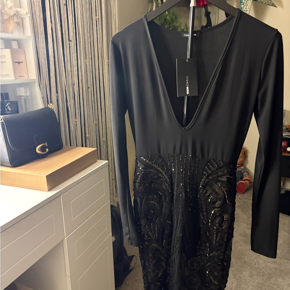 Bodysuit Fashion Nova Elegant Black Sequin Long Sleeve Dress